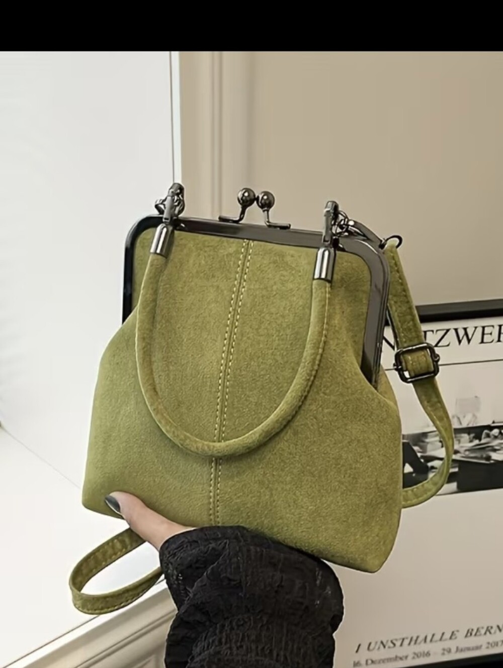 Green Suede Kiss-Lock Handbag with Removable Strap